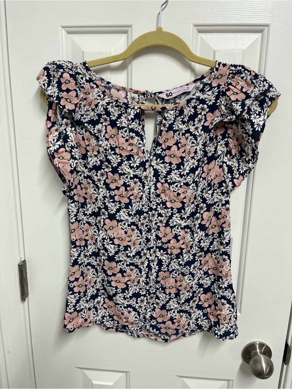 SO Navy Floral Flutter Sleeve Blouse with Pink Flowers